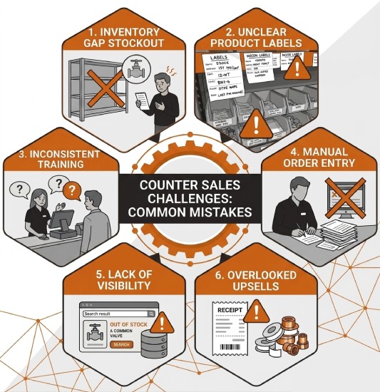 Common counter sales challenges for PVF wholesalers, including inventory gaps, product location issues, and order entry delays